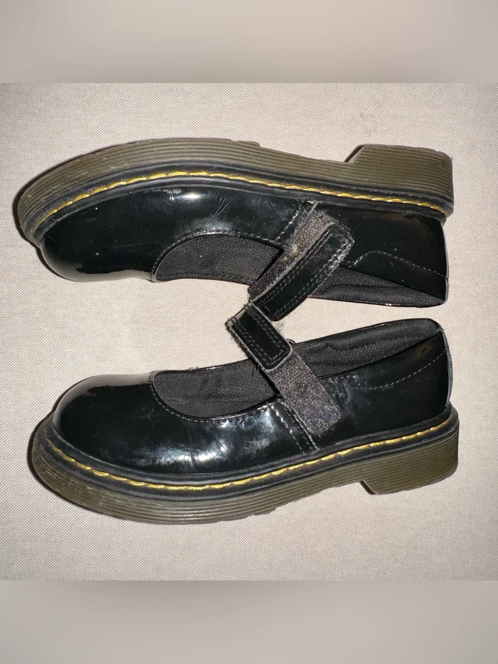 Dr. Martens Girls Black Patent Mary Jane Shoes with Yellow Stitching